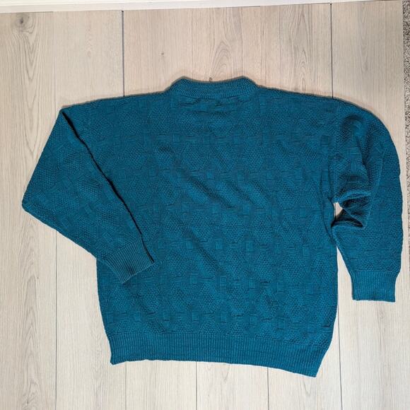 VTG John Weitz 100% cotton teal size L knit geometric sweater funky colorful - Picture 2 of 5